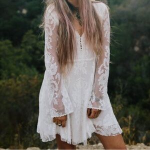 Free People “Reign over me” Ivory Lace Long bell Sleeve Dress *RARE*